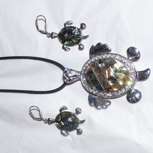 GOTH BOHO ABALONE CRYSTAL LARGE TURTLE PENDANT WITH ROPE NECKLACE EARRING RING 8
